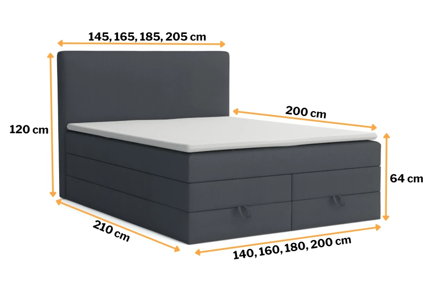 Maße des Boxspringbetts Basic Duo mit verschiedenen Breiten von 140 bis 200 cm und 120 cm Höhe.