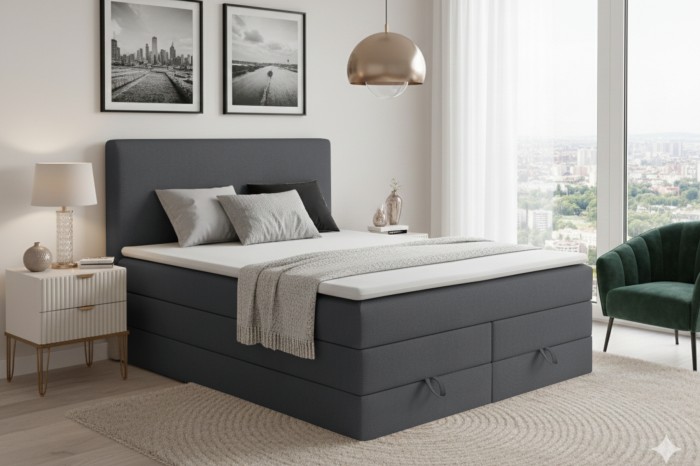 Dunkelgraues Boxspringbett Basic Duo im modern eingerichteten Schlafzimmer mit Topper.