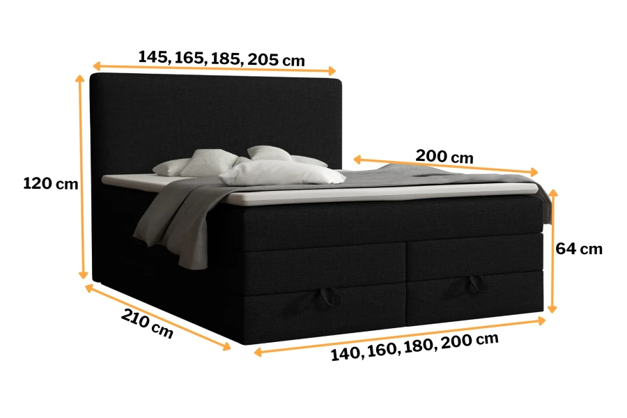 Maße des schwarzen Boxspringbetts mit Angaben zu Höhe, Tiefe und Breite.