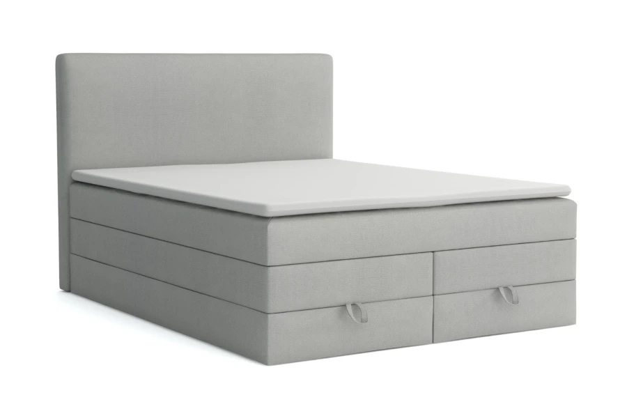 Modernes hellgraues Boxspringbett inklusive Topper und praktischen Auszugsschlaufen.