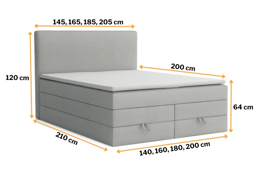 Abmessungen des grauen Boxspringbetts: Höhe 120 cm, Länge 210 cm, verschiedene Breiten.