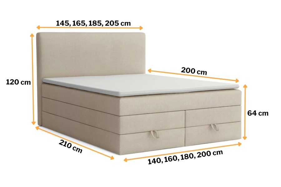 Maßgrafik für Boxspringbett in Beige mit verschiedenen Größenangaben.
