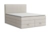 Beiges Boxspringbett mit praktischem Bettkasten und gepolstertem Kopfteil auf weißem Hintergrund.