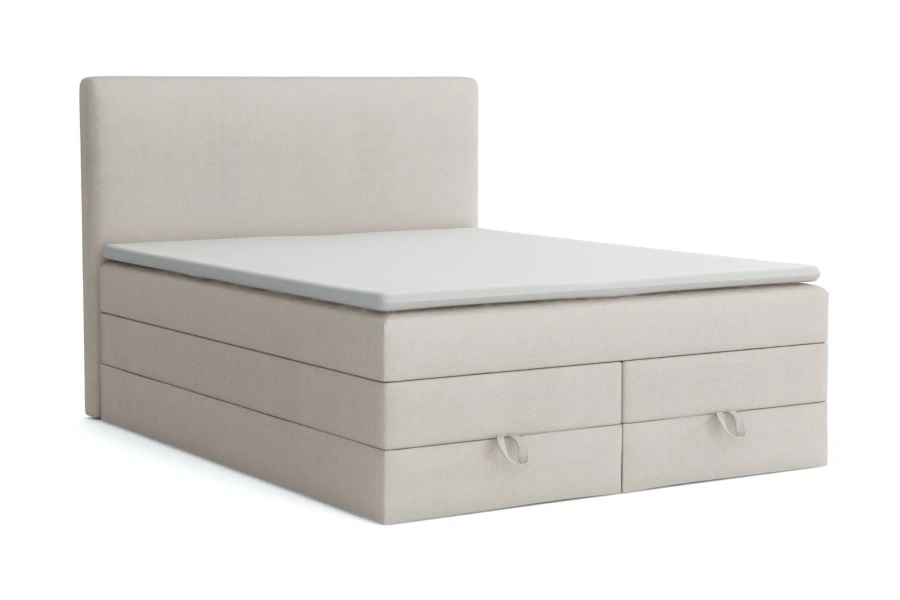 Beiges Boxspringbett mit praktischem Bettkasten und gepolstertem Kopfteil auf weißem Hintergrund.