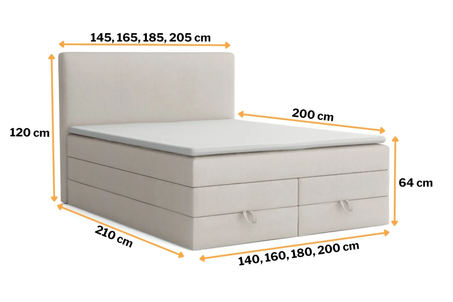 Maßgrafik für das Boxspringbett mit Details zu Breite, Tiefe und Höhe in Zentimetern.