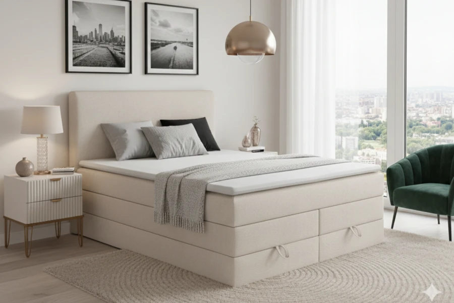 Modern eingerichtetes Schlafzimmer mit beigem Boxspringbett, grünem Sessel und stilvoller Deko.