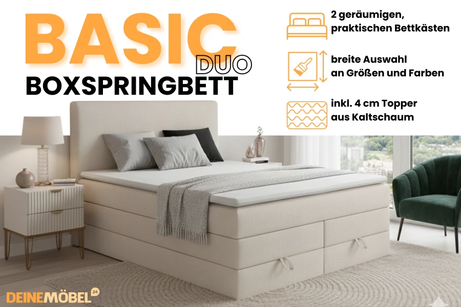 Infografik zum Basic Duo Boxspringbett mit Highlights zu Bettkästen, Topper und Farbauswahl.