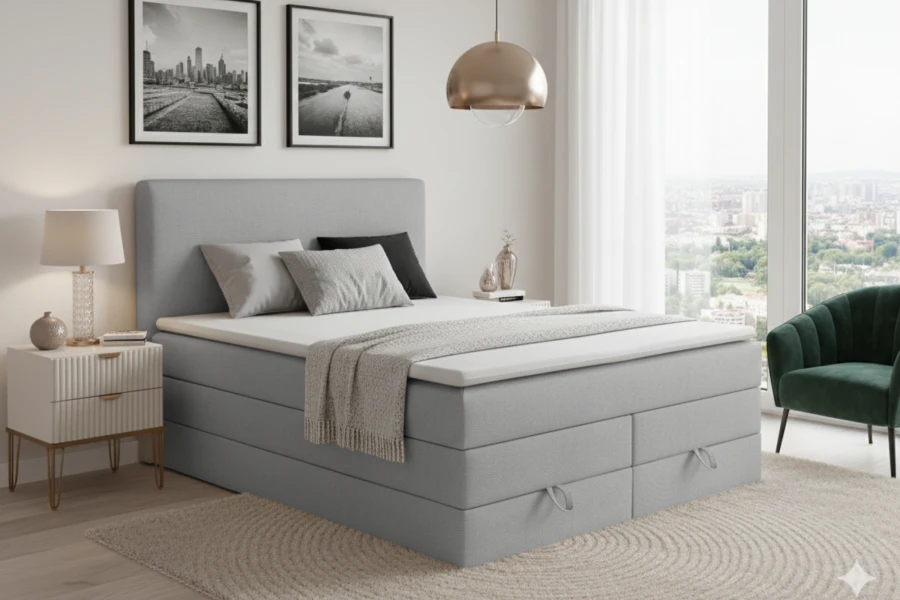 Hellgraues Boxspringbett mit Bettkästen in einem modern eingerichteten Schlafzimmer.