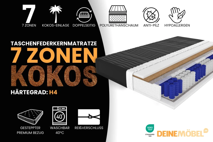 Taschenfederkernmatratze H4 mit 7 Zonen und Kokos-Einlage, OEKO-TEX zertifiziert.