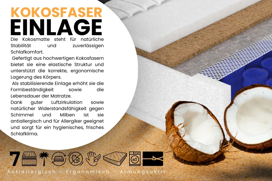 Detailansicht der antiallergischen Kokosfaser-Einlage für bessere Stabilität und Schlafkomfort.