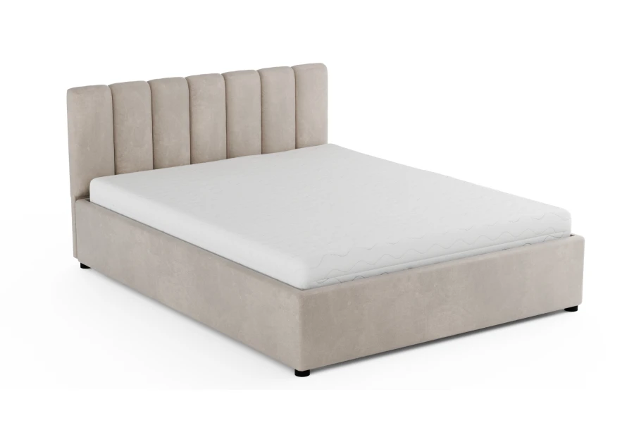 Elegantes Polsterbett in Beige inklusive hochwertiger, weißer Matratze auf weißem Hintergrund.