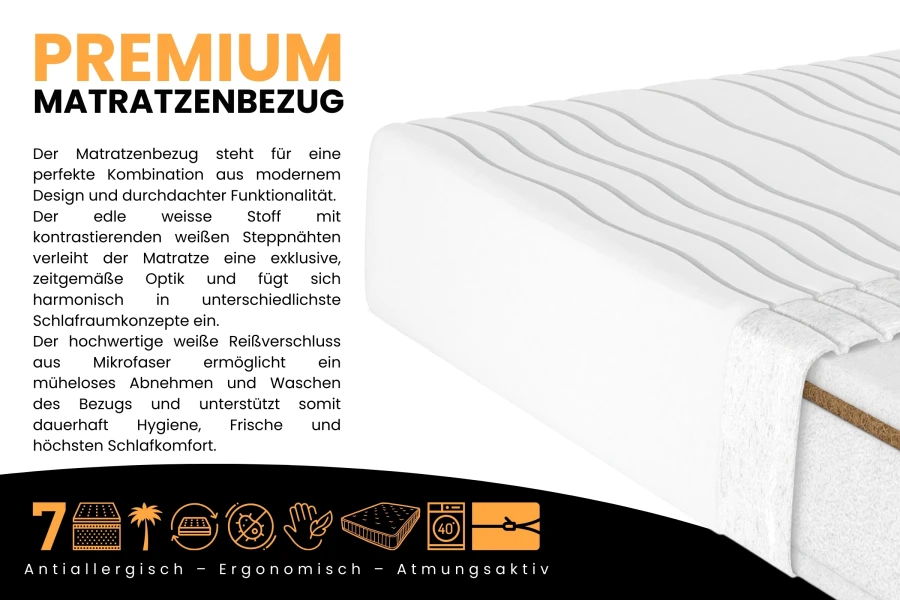 Weißer Premium Matratzenbezug, gesteppt und atmungsaktiv für optimale Betthygiene.
