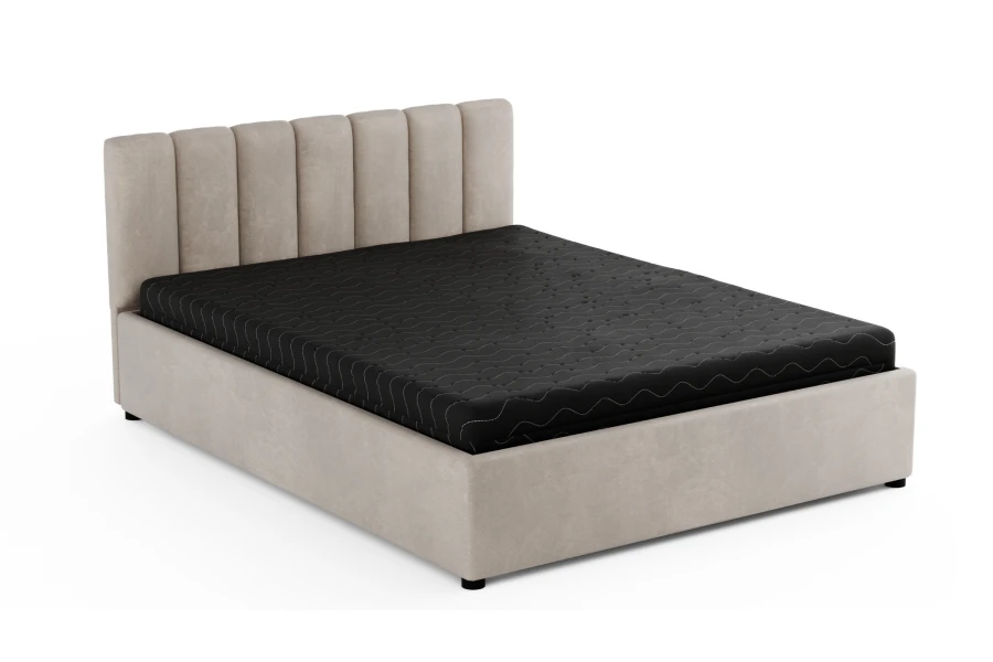 Modernes beige Polsterbett mit vertikal gestepptem Kopfteil und schwarzer Matratze.