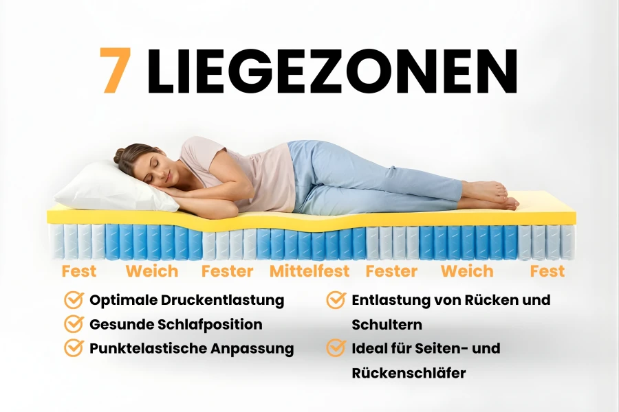 Illustration der 7 Liegezonen für optimale Druckentlastung und eine gesunde Schlafposition.