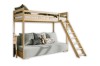 Stable loft bed made of solid wood with cosy sofa and ladder, isolated.