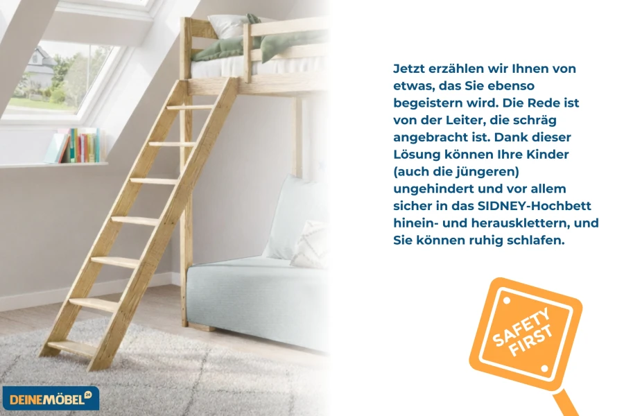 Sichere schräge Holzleiter des SIDNEY Hochbetts aus massivem Kiefernholz.