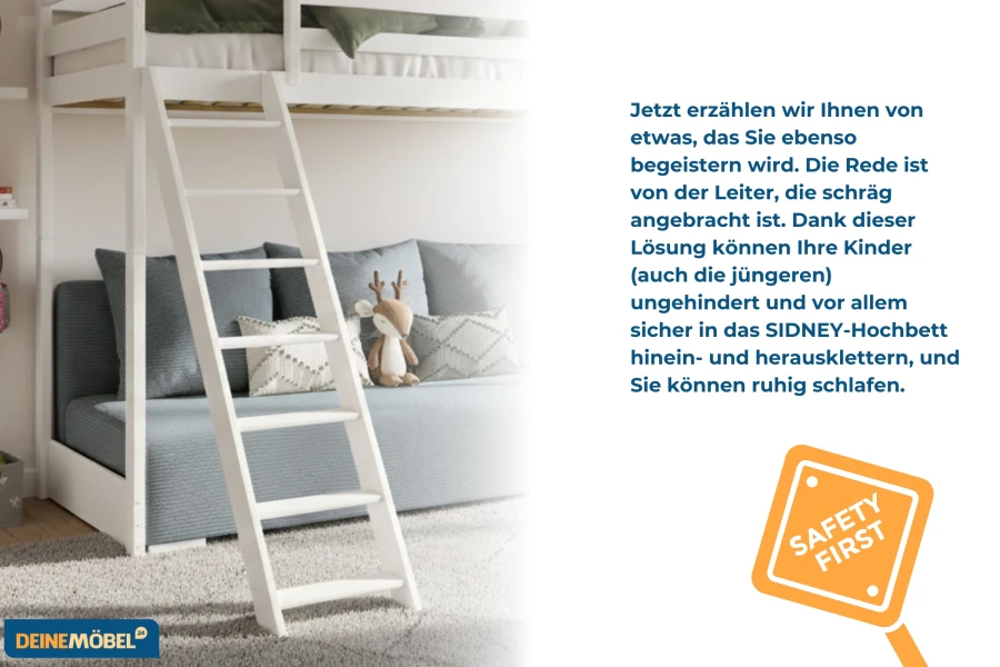 Sichere schräge Leiter am SIDNEY Hochbett für einen gefahrlosen Aufstieg.