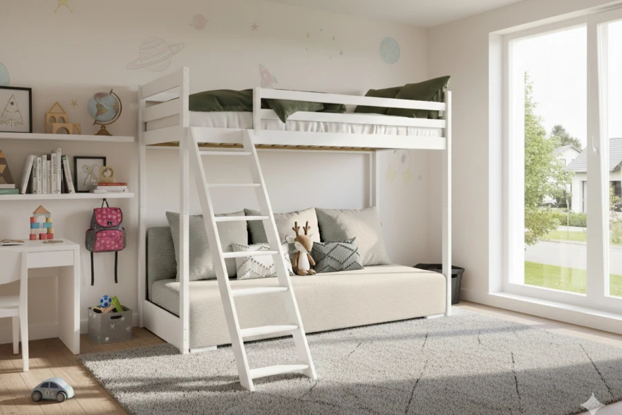 Furnished teenager's room with white SIDNEY high bed and sofa bed.