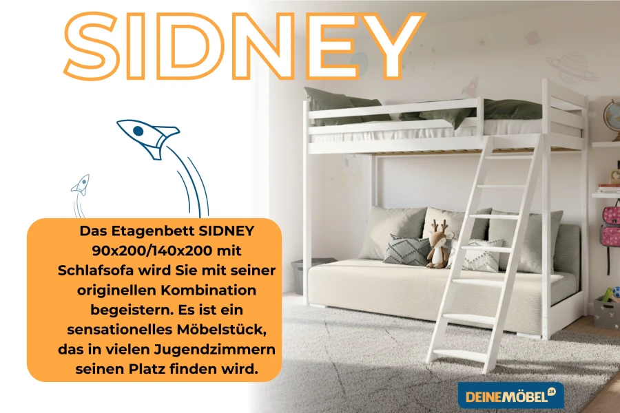 SIDNEY bunk bed 90x200 and 140x200 with sofa bed for teenager's room.