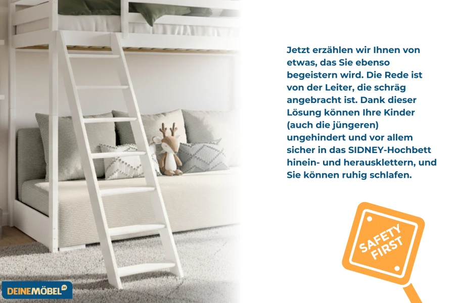 Detailed view of the safe ladder on the white SIDNEY high bed for children.