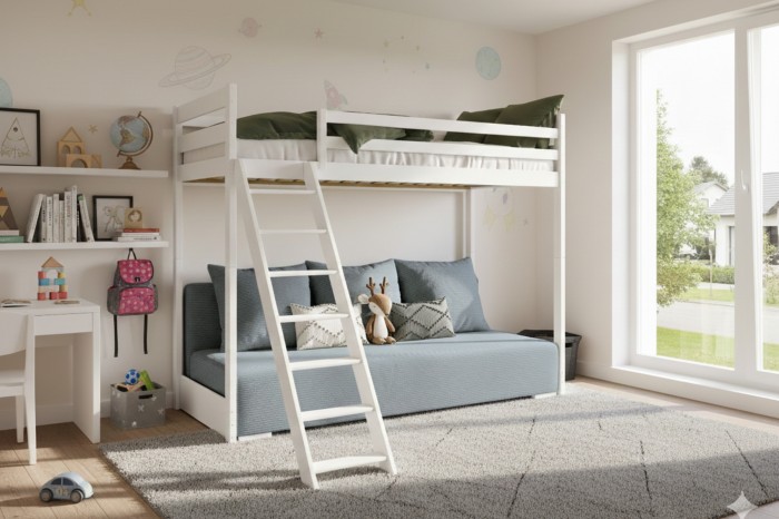 Gemütlich eingerichtetes Jugendzimmer mit dem Hochbett SIDNEY und integriertem Sofa.