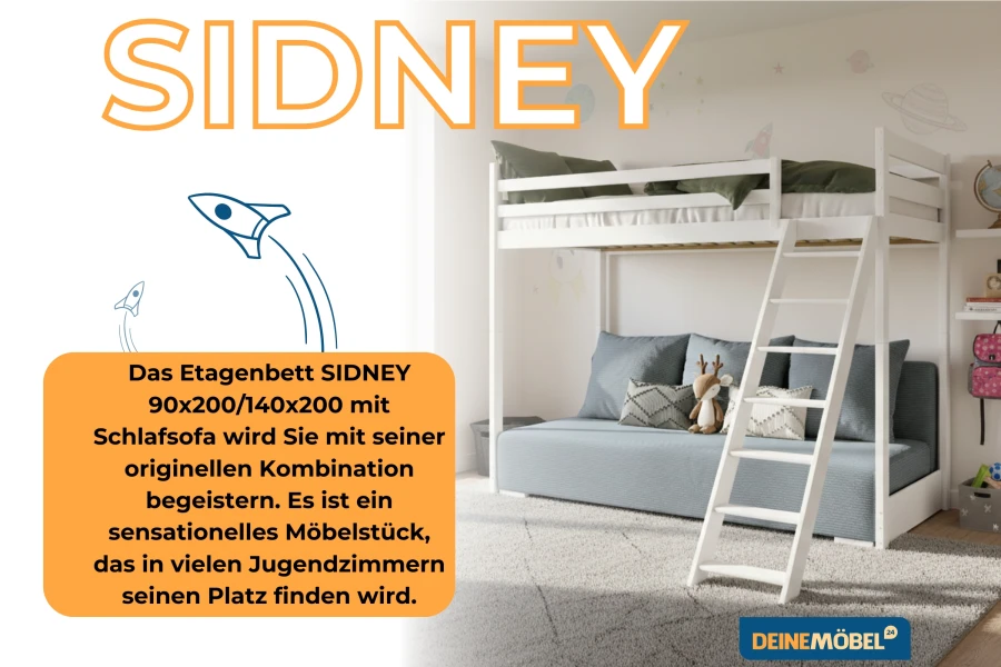 Infografik zum Etagenbett SIDNEY mit Maßen und Beschreibung für das Jugendzimmer.