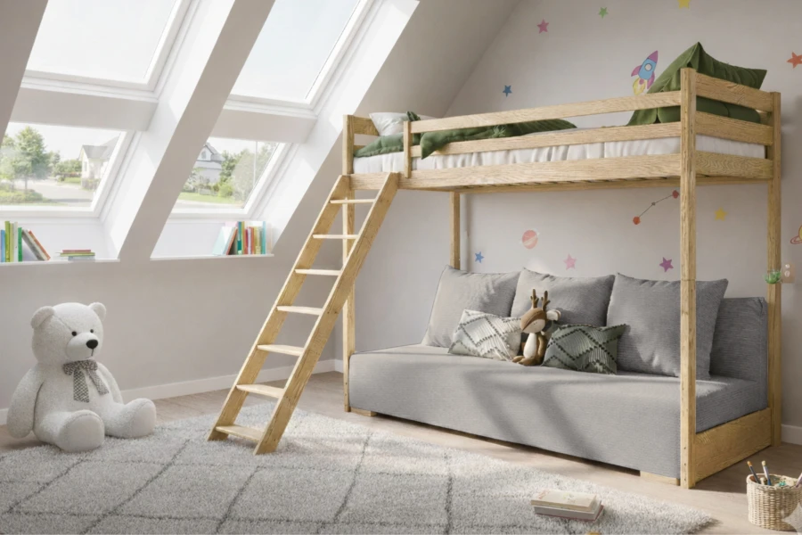 Kinderzimmer-Einrichtung mit Hochbett Sidney unter dem Dachfenster
