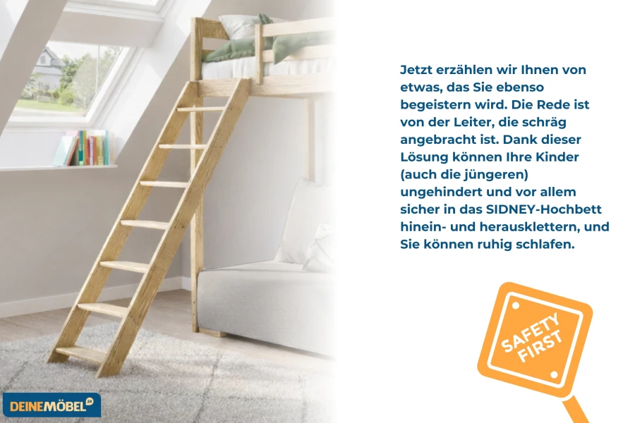 Sichere schräge Leiter am SIDNEY Kinder-Hochbett im hellen Zimmer.