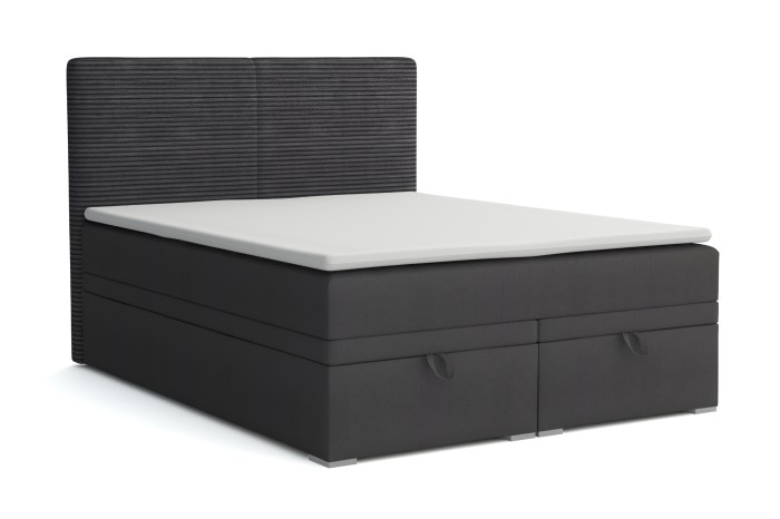 Modernes Boxspringbett in Dunkelgrau mit Stauraum und Cord-Optik.