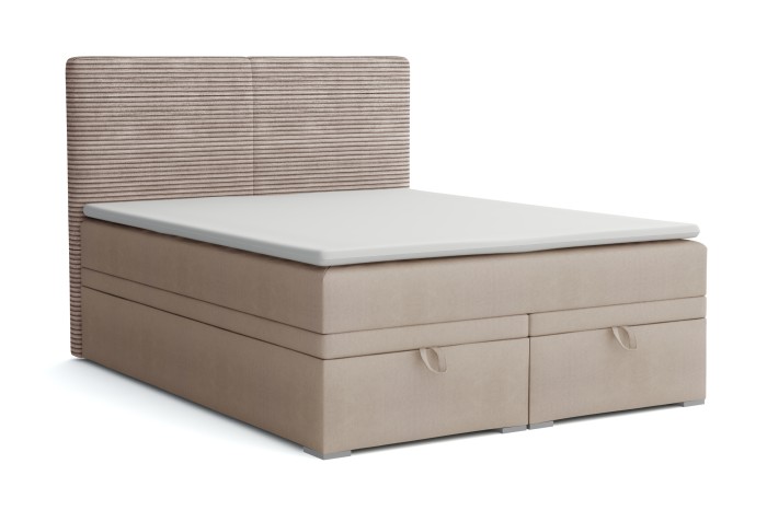 Beiges Daniel Boxspringbett mit strukturiertem Cord-Kopfteil und integriertem Stauraum.