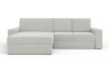 Hellgraues Ecksofa in L-Form mit strukturiertem Bouclé-Stoff, Ottomane links.