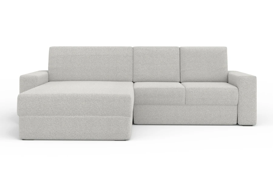 Hellgraues Ecksofa in L-Form mit strukturiertem Bouclé-Stoff, Ottomane links.