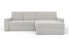 Hellgraues Ecksofa in L-Form mit strukturiertem Bouclé-Stoff, Ottomane rechts.