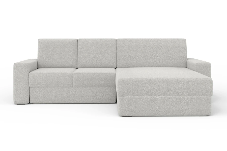 Hellgraues Ecksofa in L-Form mit strukturiertem Bouclé-Stoff, Ottomane rechts.
