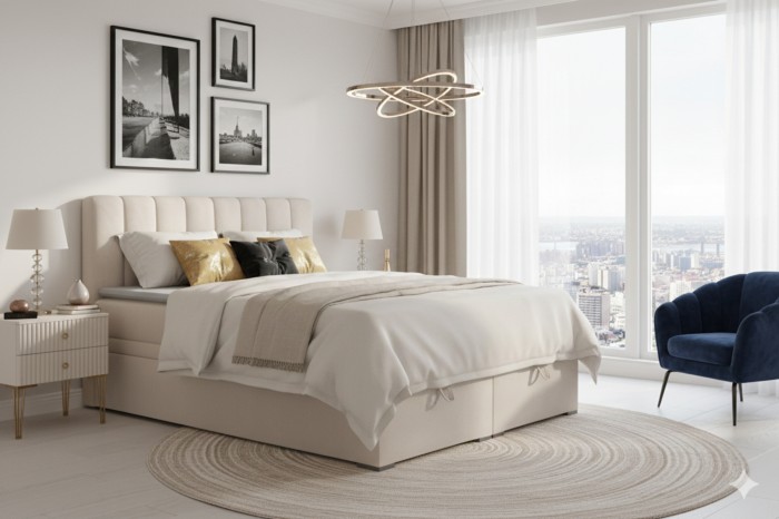 Gemütliches Schlafzimmer-Design mit hellem Doppelbett, rundem Teppich und moderner Hängelampe.