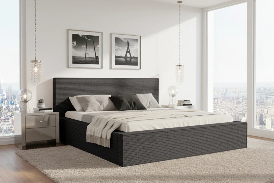 Anthrazitfarbenes Polsterbett in modernem Schlafzimmer mit großen Fenstern und Stadtpanorama.