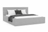 Grey upholstered bed with ribbed headboard, white pillows and dark blanket on a white background.