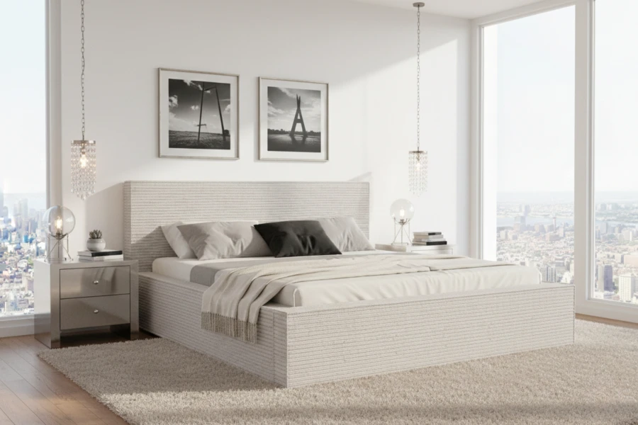 Helles Polsterbett in modernem Schlafzimmer mit Stadtblick und eleganter Einrichtung.
