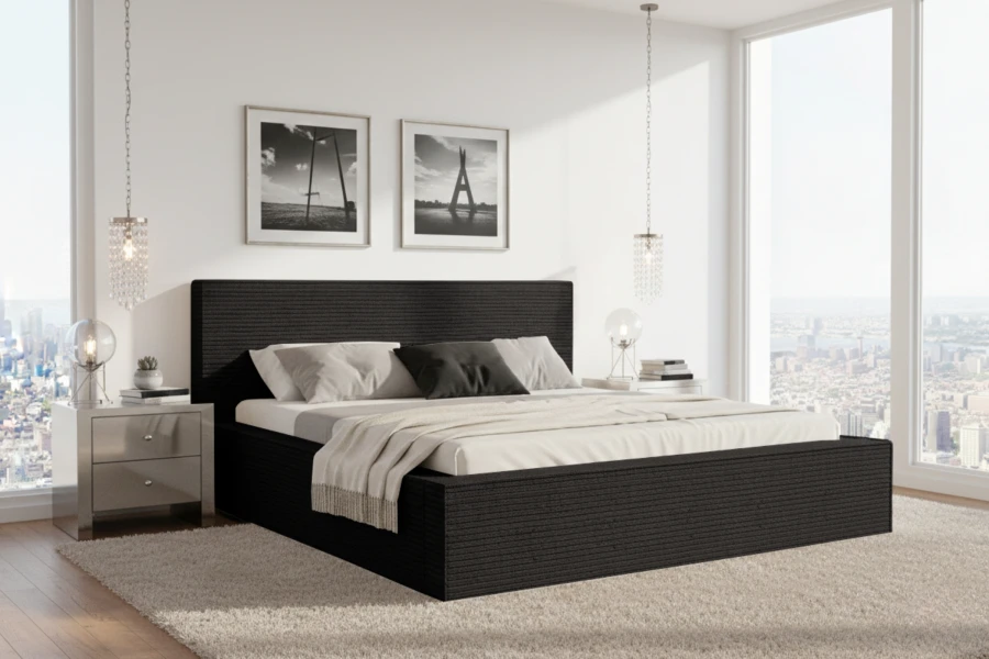 Schwarzes Polsterbett in luxuriösem Schlafzimmer-Ambiente mit großem Fenster und Stadtpanorama.