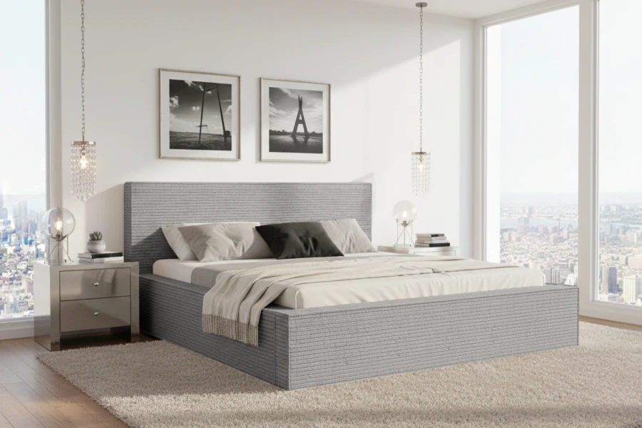 Modernes graues Polsterbett im hellen Schlafzimmer mit eleganten Hängeleuchten und Stadtblick.