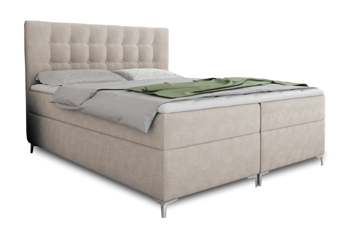 Modernes Boxspringbett Erik in Beige mit gestepptem Kopfteil und grauer Bettwäsche.