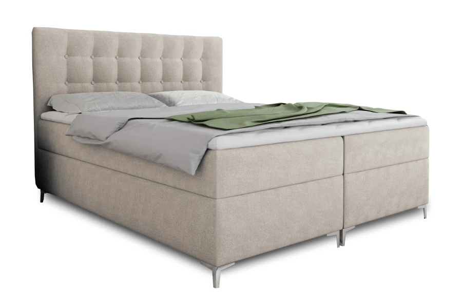 Modernes Boxspringbett Erik in Beige mit gestepptem Kopfteil und grauer Bettwäsche.