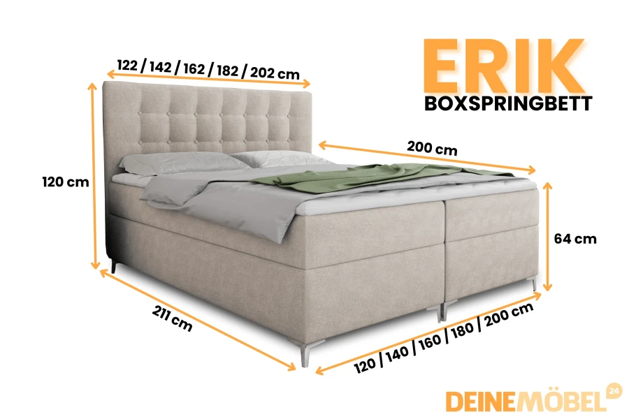 Technische Zeichnung mit Maßen für das Boxspringbett Erik in verschiedenen Größen.