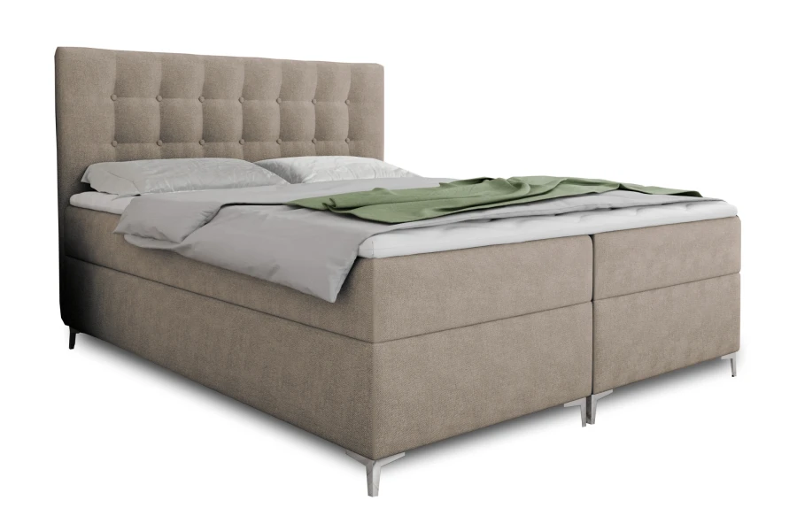 Elegantes Boxspringbett Erik in Taupe mit hohem, gepolstertem Kopfteil und Metallfüßen.