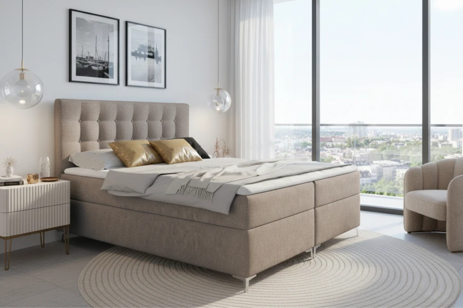 Gemütliches Schlafzimmer-Design mit dem Boxspringbett Erik und hellen Akzenten.
