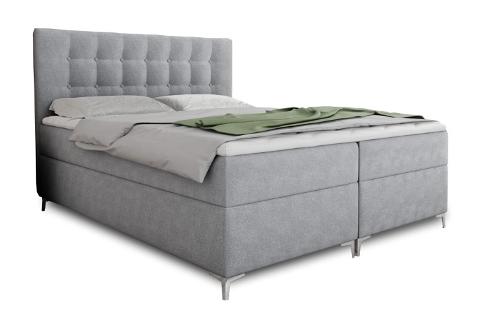 Modernes Boxspringbett Erik in Hellgrau mit gestepptem Kopfteil und eleganten Metallfüßen.