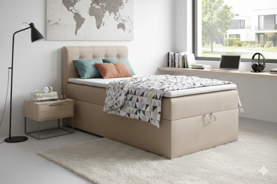 Stilvolles Schlafzimmer-Ambiente mit beigem Einzelbett und moderner Deko.