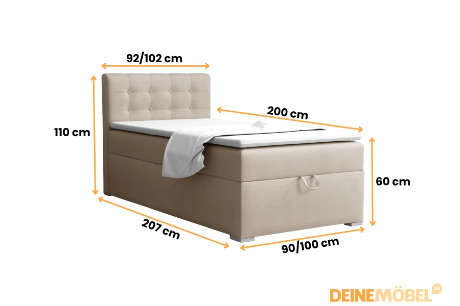 Beiges Boxspringbett mit detaillierten Maßangaben für Breite, Höhe und Länge.
