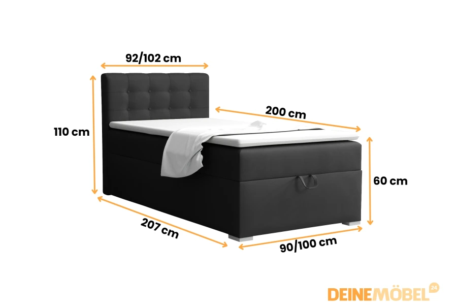 Grafik mit Maßen für ein schwarzes Boxspringbett mit Kopfteil und Stauraum.