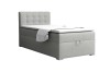 Hellgraues Boxspringbett Einzelbett mit gestepptem Kopfteil vor weißem Hintergrund.
